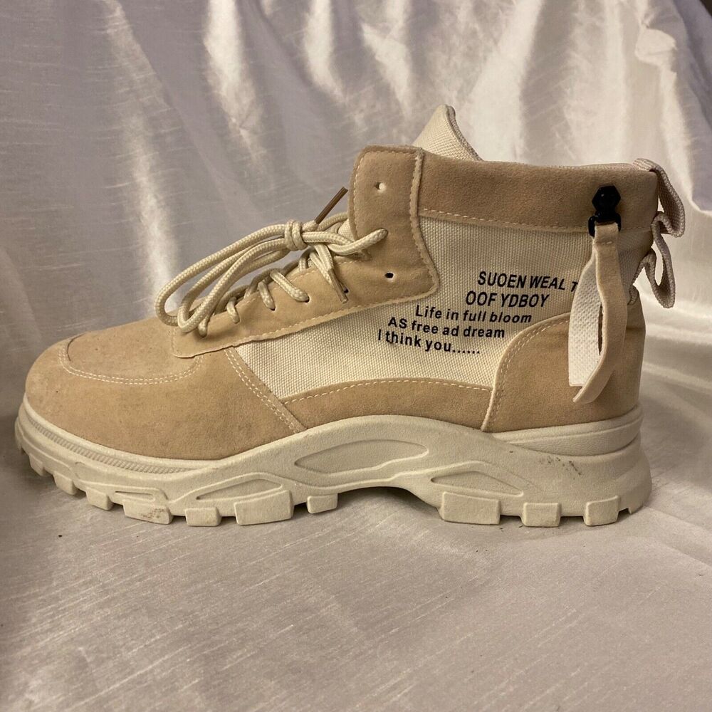 NEW Alagzi Mens 12.5 Two Tone Lace Up Hi Top Sneaker Cream Tan